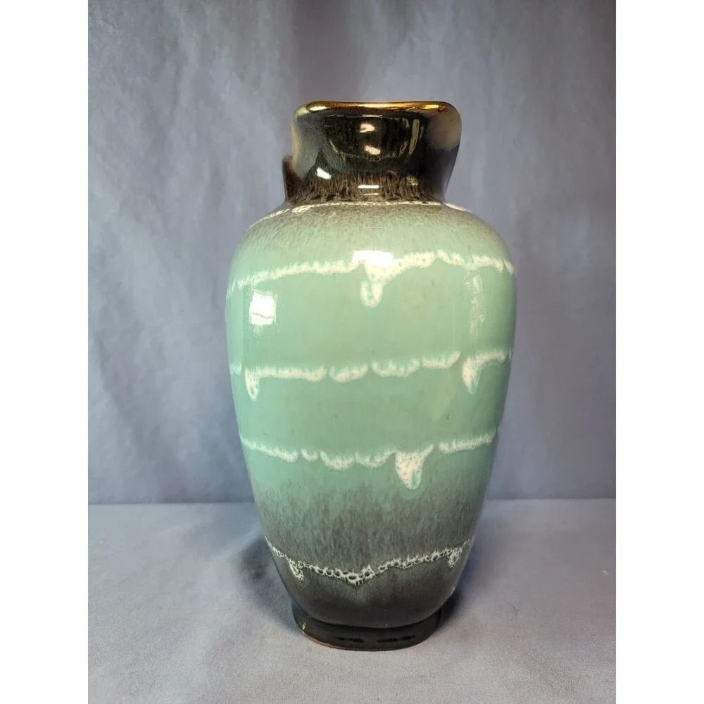 Drip Lava Vase Glazed German Tulip UNIQUE Green Black & Gold Vintage 8.5''